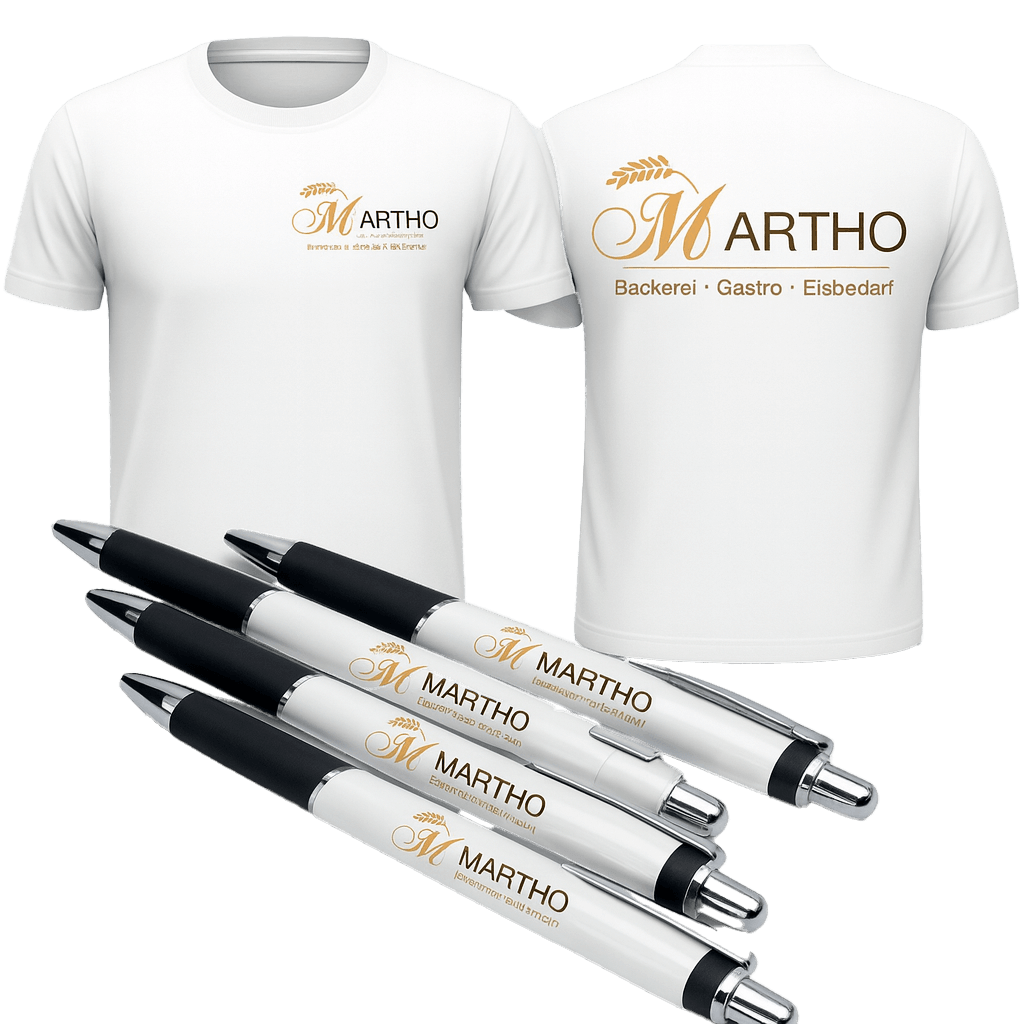 Individuell gestaltete T-Shirts und Kugelschreiber für Artho